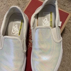 Slip on white leather vans (worn a couple times) deluxe comfort. Box included!